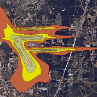 This map draws the noise contours for each runway and approach. This is useful for noise mitigation on and around airport property.