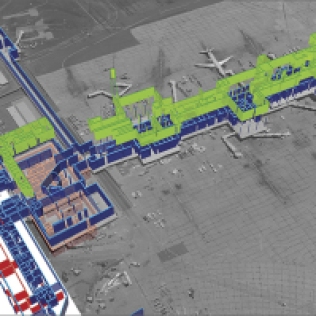 3D renderings of different levels of a concourse can show different types of information such as vendors, airlines, types of aircraft able to park at a gate, etc.